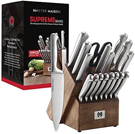 19-Piece Premium Kitchen Knife Set With Wooden Block | Master Maison German Stainless Steel Cutlery With Knife Sharpener & 8 Steak Knives