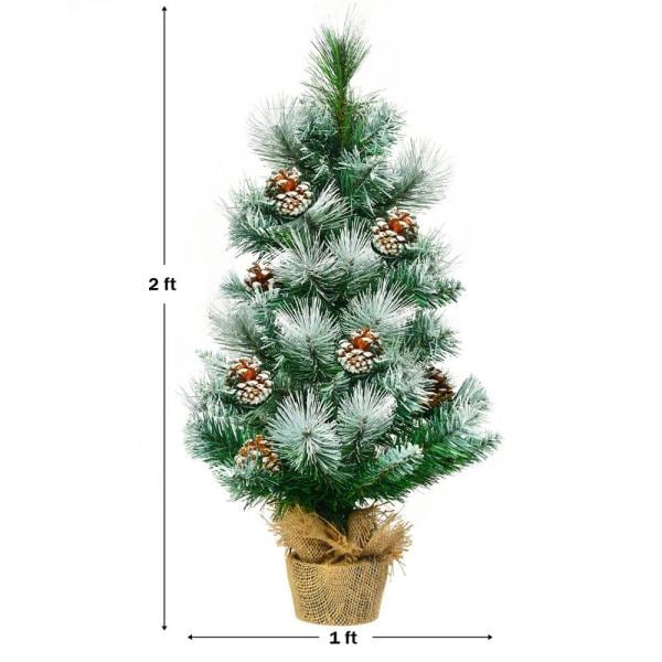 24 in. Green Snow Flocked Pine Artificial Christmas Tree with Pine Cone Decoration