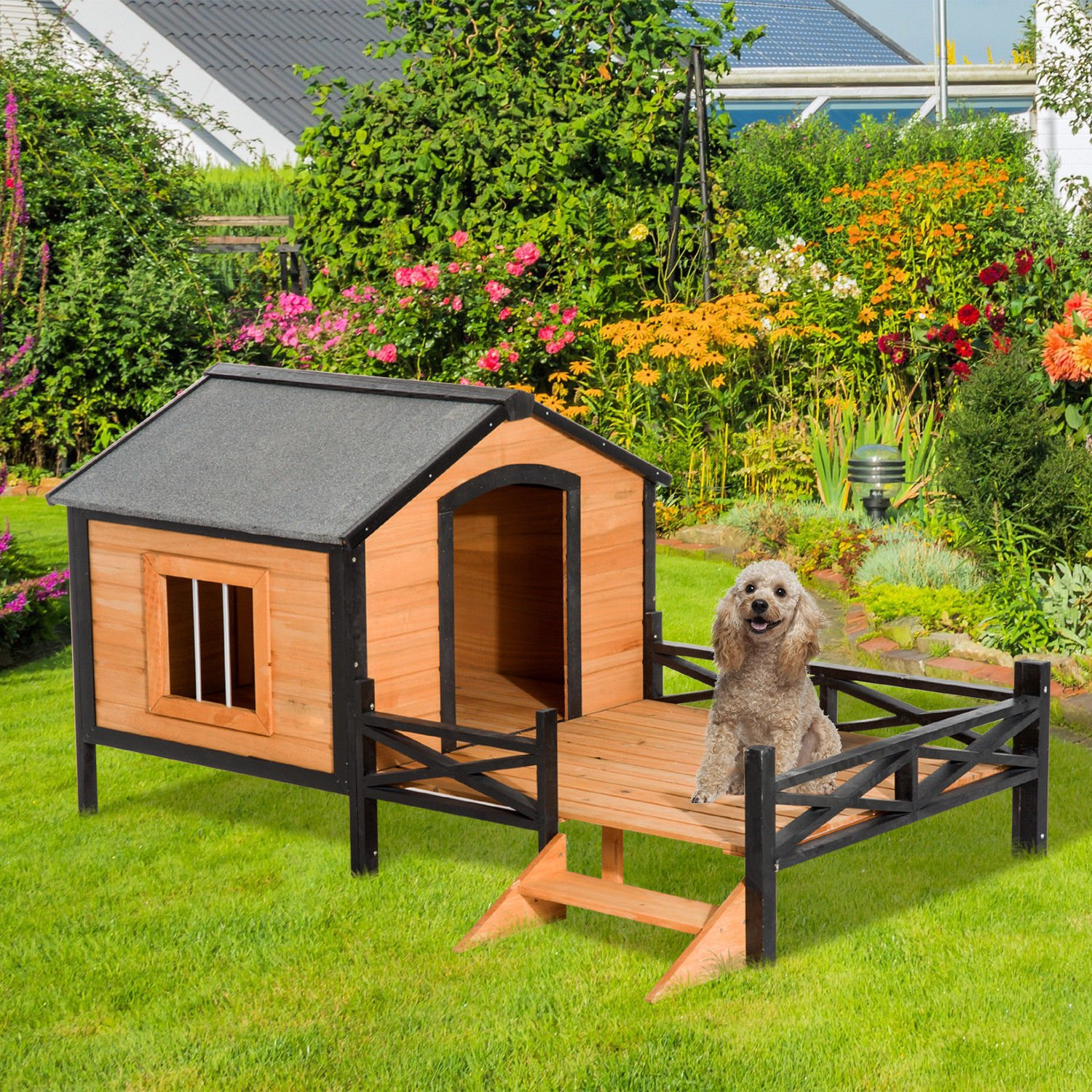 【Home&Garden 7″ Large Wooden Cabin Style Elevated Outdoor Dog House with Porch