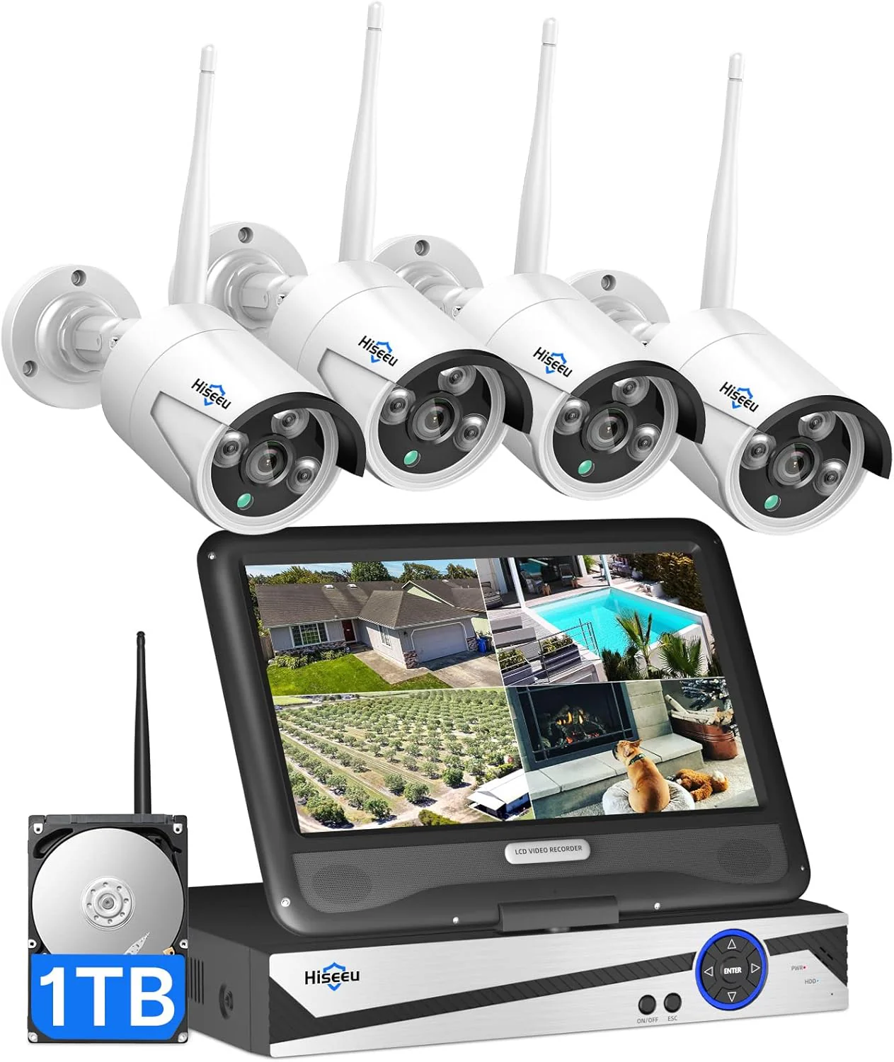 Wireless Pro,Plug & Play Hiseeu 2.5K 5MP WiFi Security Camera System Outdoor,Expandable 16CH 8MP NVR, 1TB HDD,Spotlight,2 Way Audio, IP66 Waterproof, Motion Alert, DC Power Plug-in, 24/7 Recording