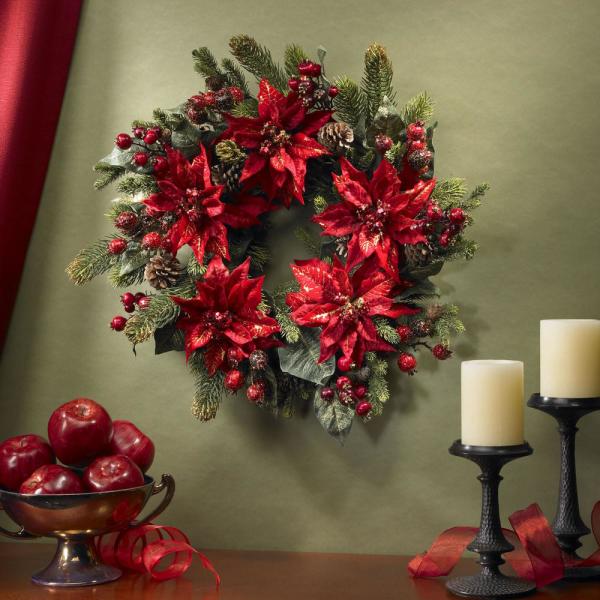 24 in. Artificial Wreath with Poinsettias and Berries