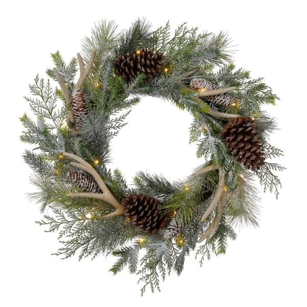 24 in. D Flocked Pinecone and Antler Artificial Christmas Wreath With Lights