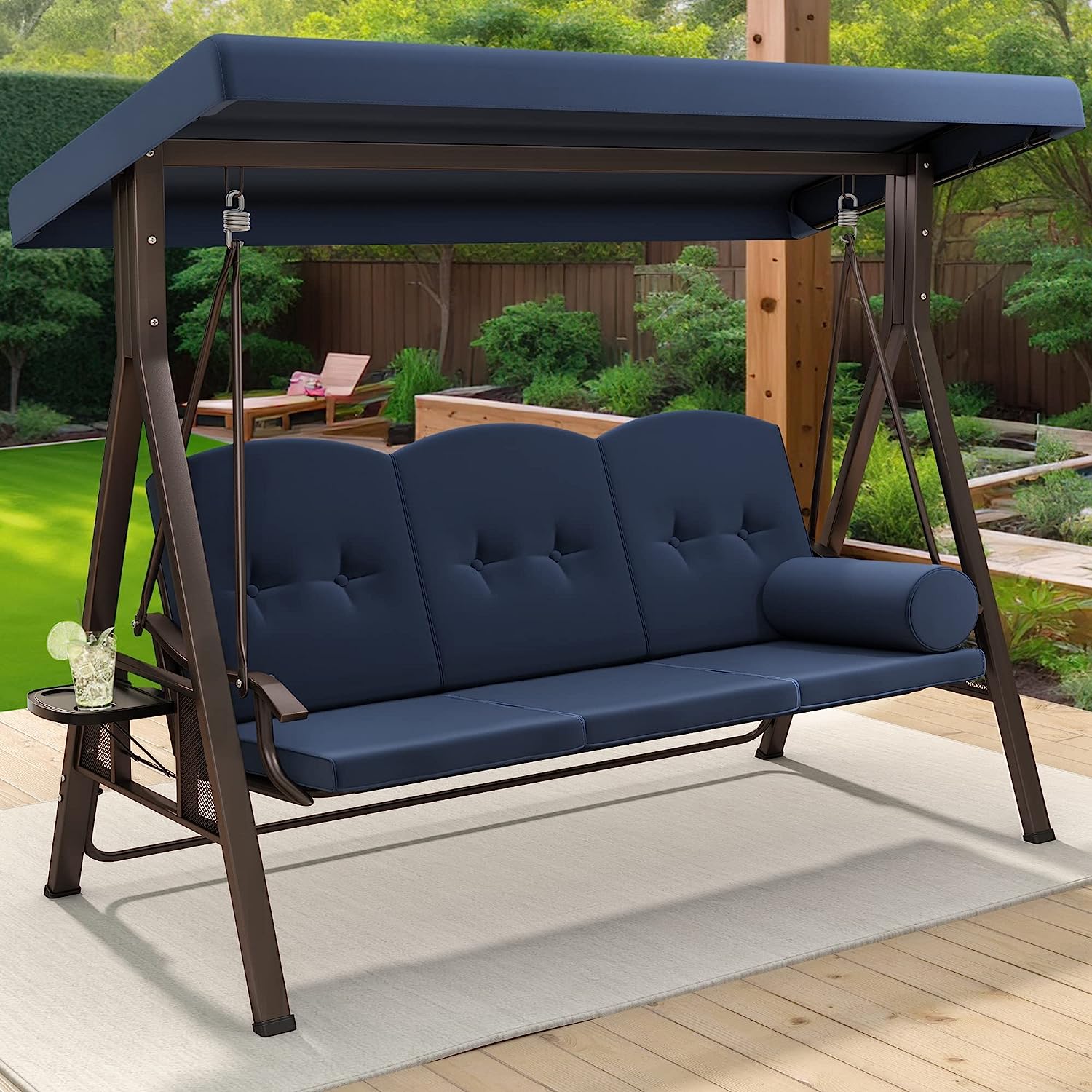 YITAHOME 3-Seat Deluxe Porch Swing Outdoor Heavy Duty Patio Swing Chair with Adjustable Canopy Removable Cushions Weather Resistant Steel Frame Suitable for Garden, Lawn, Backyard, Balcony, Navy Blue