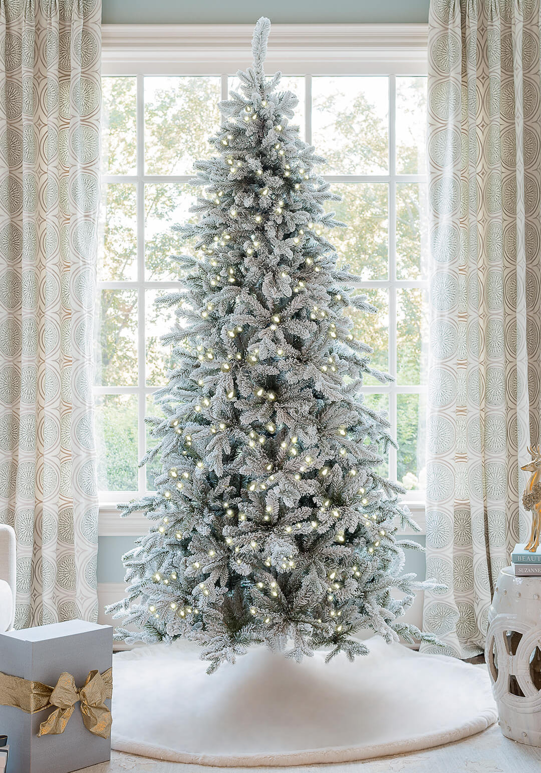 12′ Slim Artificial Christmas Tree With 1200 Warm White LED Lights
