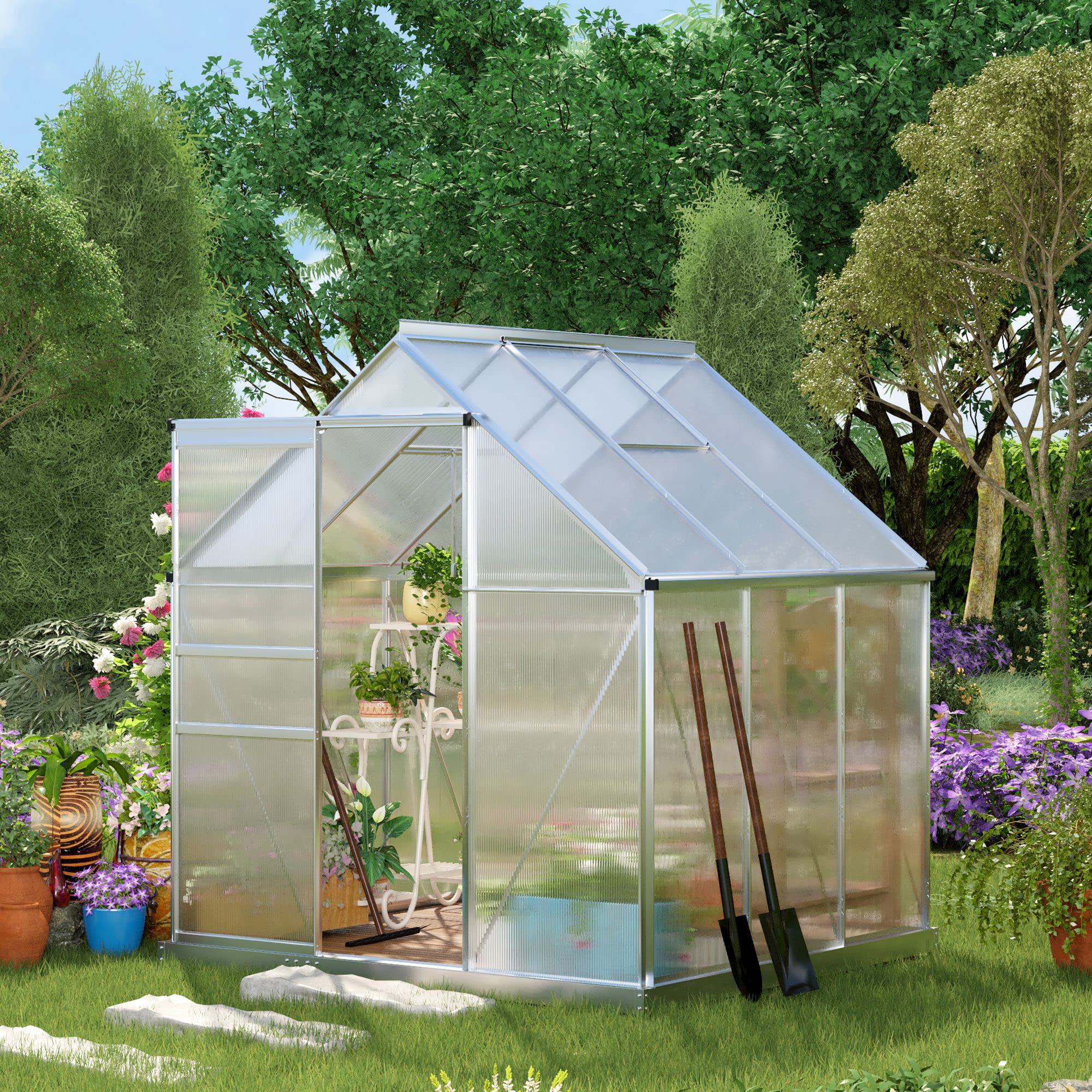 【Home & Garden】6′ x 6′ aluminum greenhouse polycarbonate walk-in garden greenhouse vents, sliding doors