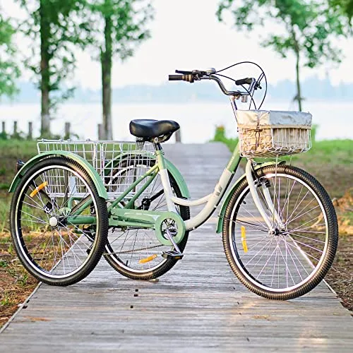 Viribus Adult Tricycle, 7 Speed Tricycle for Adults, 24″ 3 Wheel Bikes for Adults with Baskets