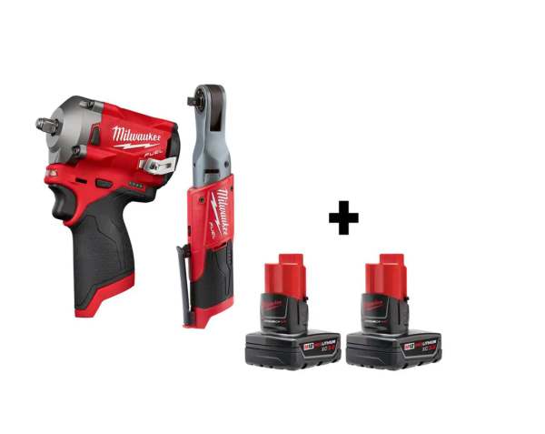 2554-20-2557-20-48-11-2412 M12 12V Lithium-Ion Brushless Cordless 3/8 in. Impact Wrench 3/8 in. Ratchet with two 3.0 Ah Batteries