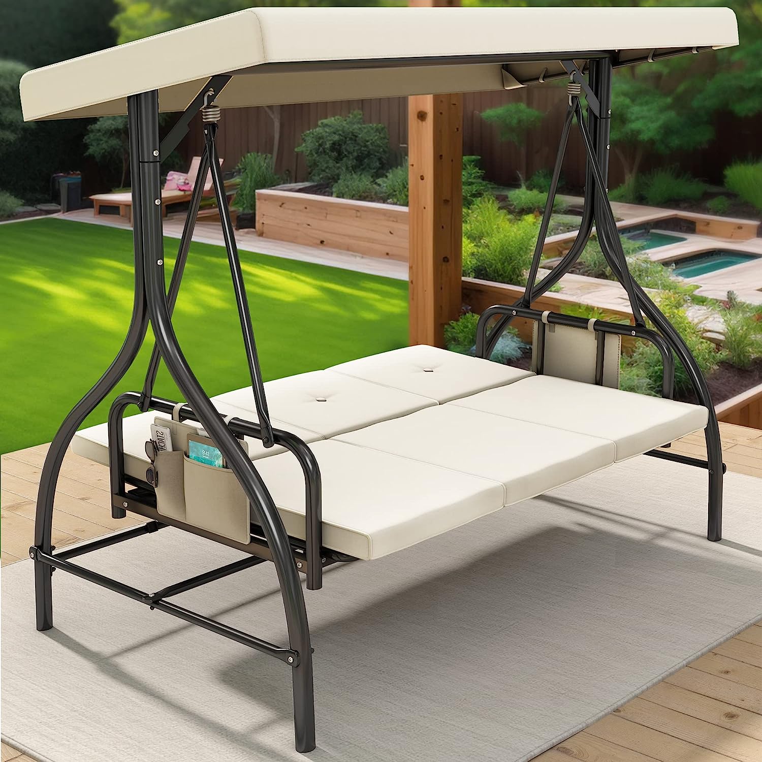 YITAHOME Porch Swing Bed 3-Seats Outdoor Patio Swing Heavy Duty Swing Chair with Adjustable Canopy Removable Cushion, Suitable for Adult in Garden, Poolside, Balcony, Brown