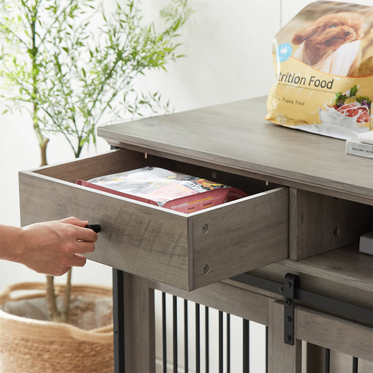 2 Drawers 71&” Super Big Furniture Style Dog Crate Dog Kennel Cage Barn Door W/ Detachable Layer Rustic Gray