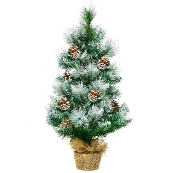 24 in. Green Snow Flocked Pine Artificial Christmas Tree with Pine Cone Decoration