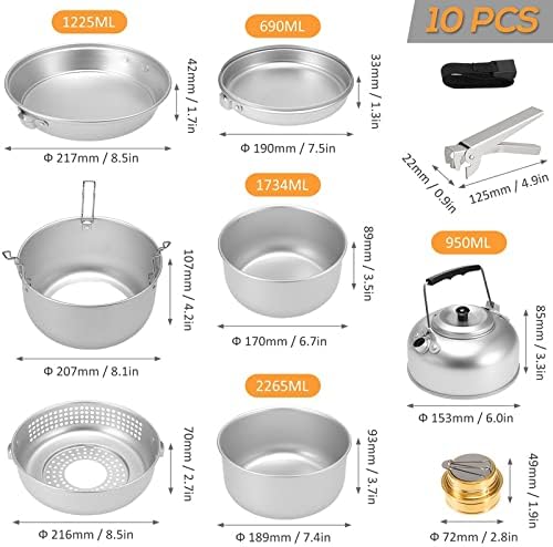 10 PCS Stove Kit Portable Dish Plates Pots Water Kettle Hand Vice Outdoor Camping Cooking Set
