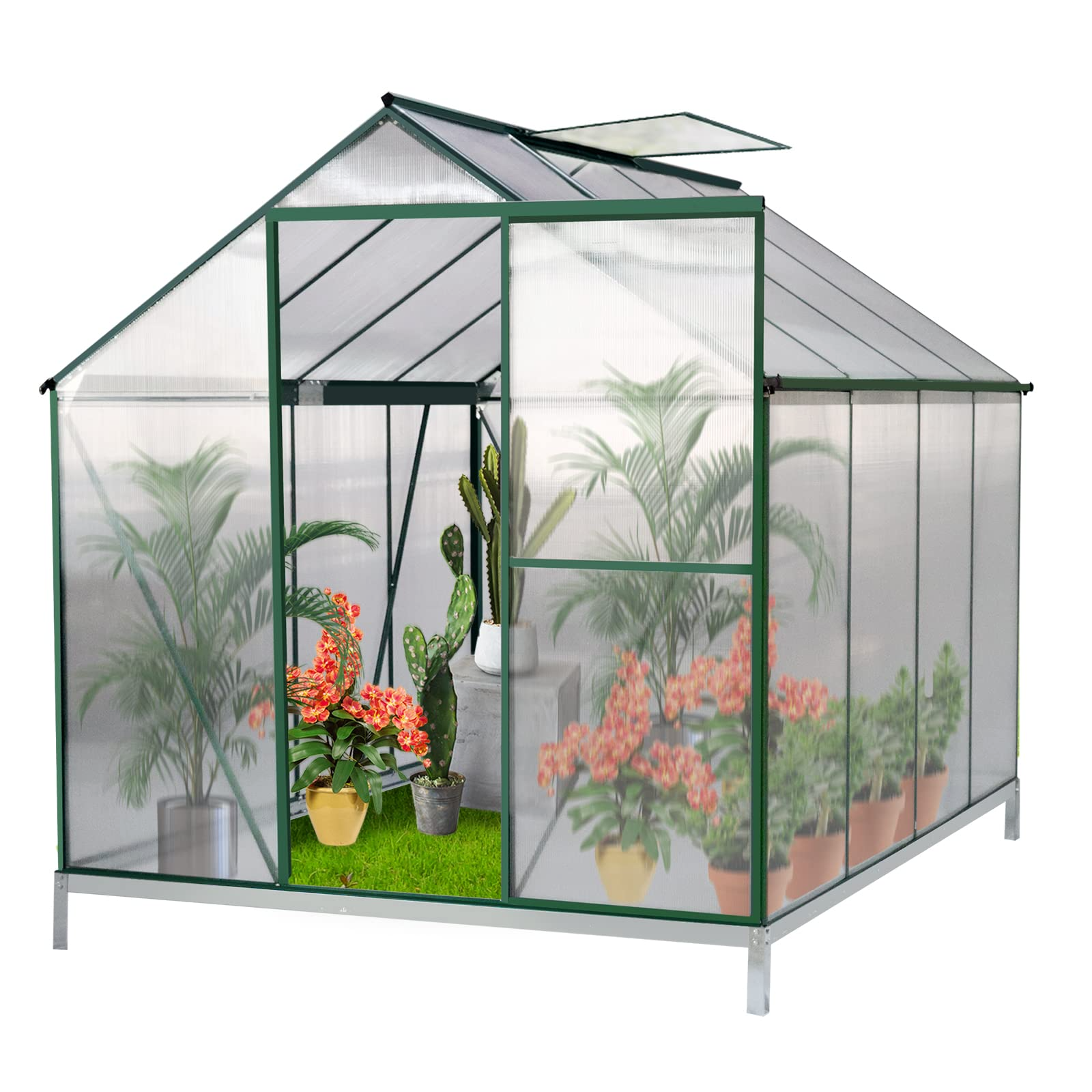 【Home&Garden】6×8 Hobby Greenhouse, Polycarbonate Aluminum Green House with Window, Heavy Duty Greenhouses Kit