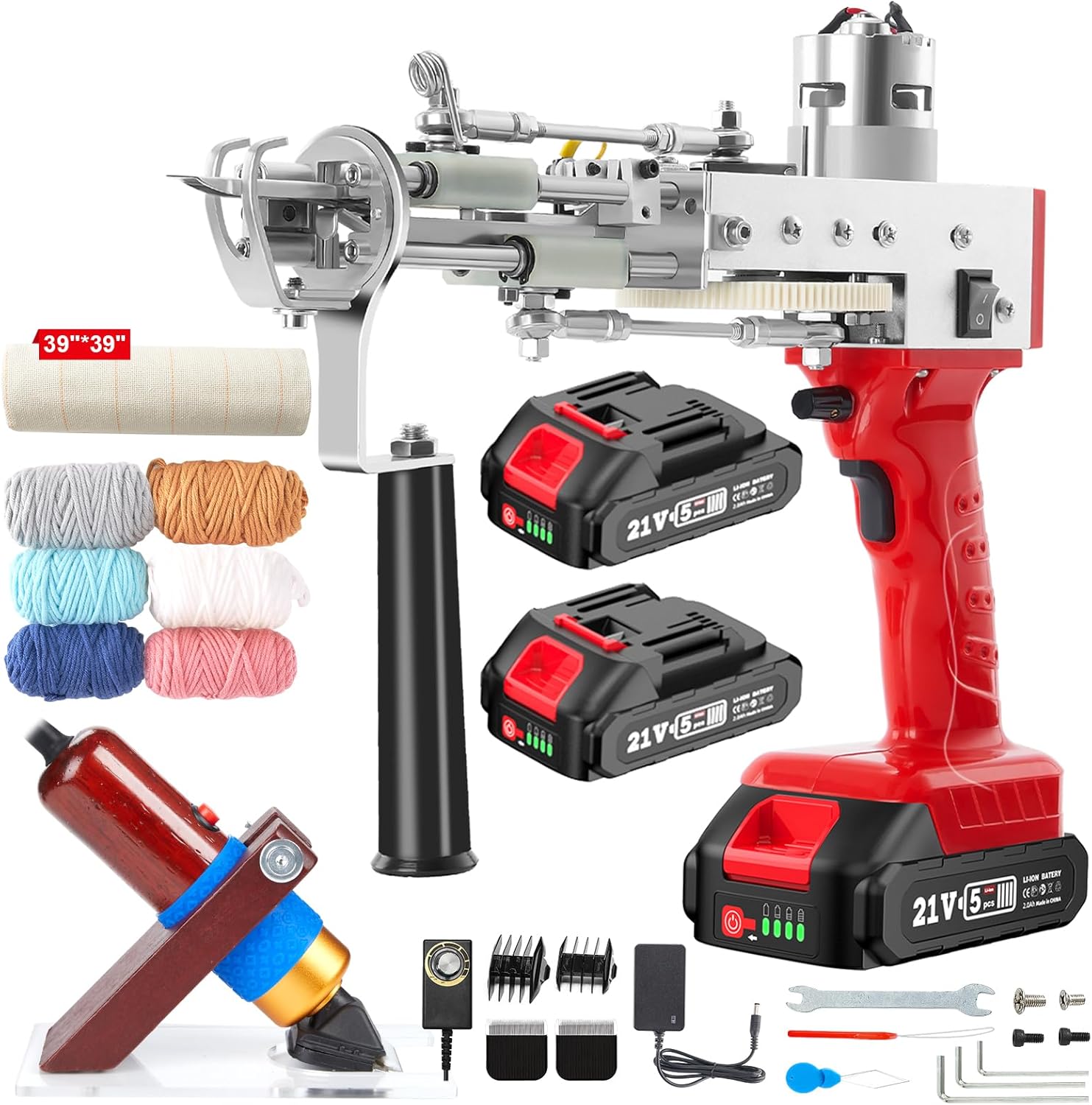 2023-Cordless-Rug-Tufting-Gun-Kit with Carpet Trimmer- Tufting-Gun-Starter-Kit-with 2pcs 4.0Ah Batteries .2 in 1 Cut Loop Pile Tufting Gun with Tufting Shears, Carpet Gun Cloth YarnLight Red