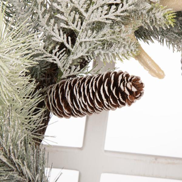 24 in. Dia Flocked Pinecone and Antler Wreath with Wooden Window Frame