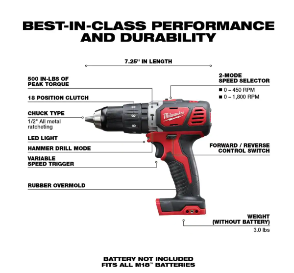 2607-20 M18 18-Volt Lithium-Ion Cordless 1/2 in. Hammer Drill/Driver (Tool-Only)