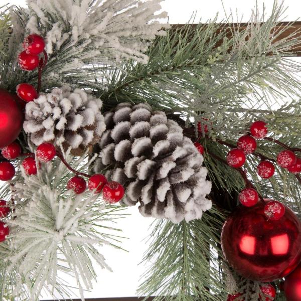 24 in. Unlit Flocked Pinecone and Ornament Wreath with Wooden Window Frame