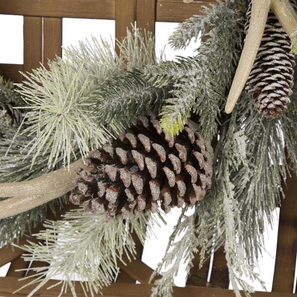 24 in. Dia Flocked Pinecone and Antler Wreath with Bamboo Tobacco Basket