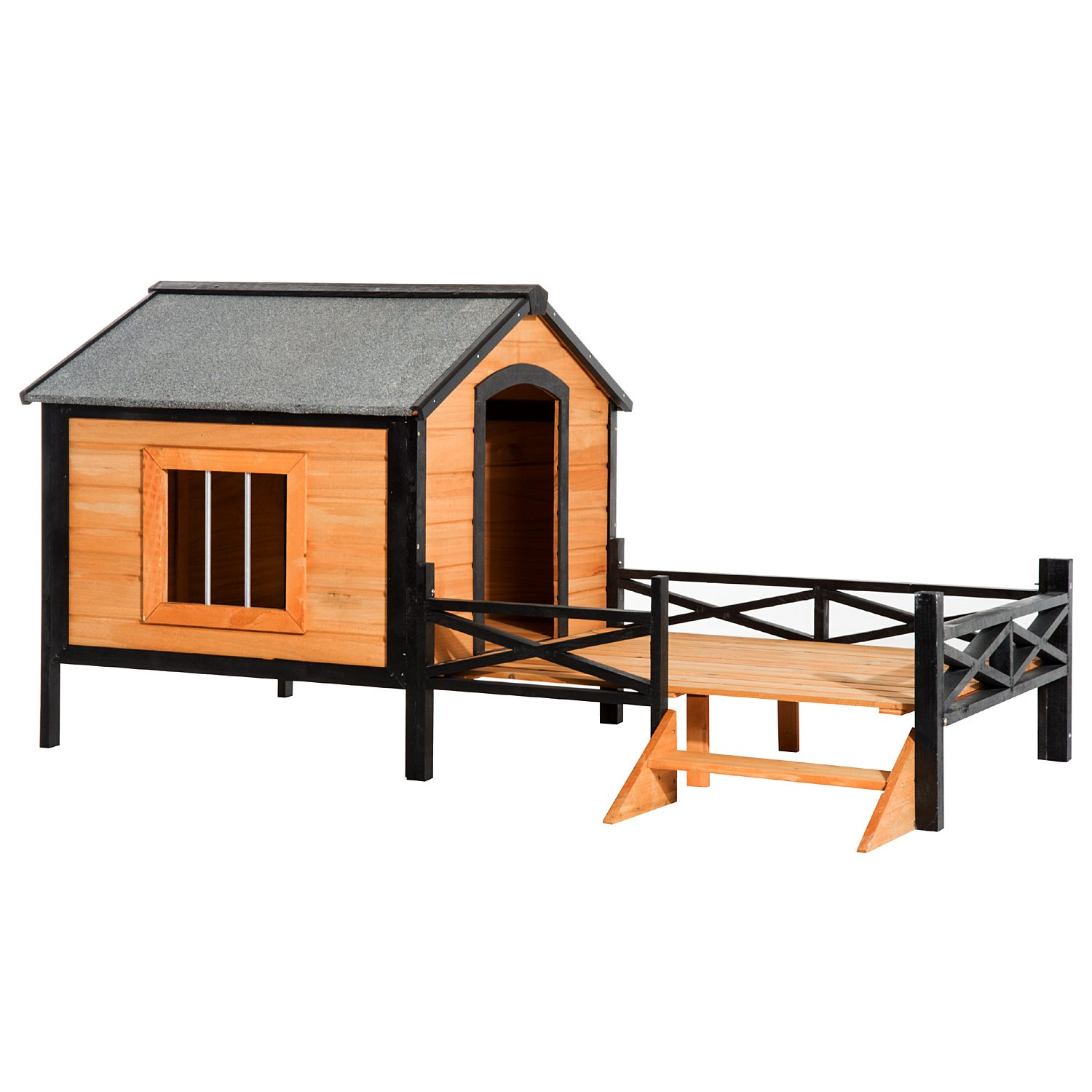 【Home&Garden 7″ Large Wooden Cabin Style Elevated Outdoor Dog House with Porch