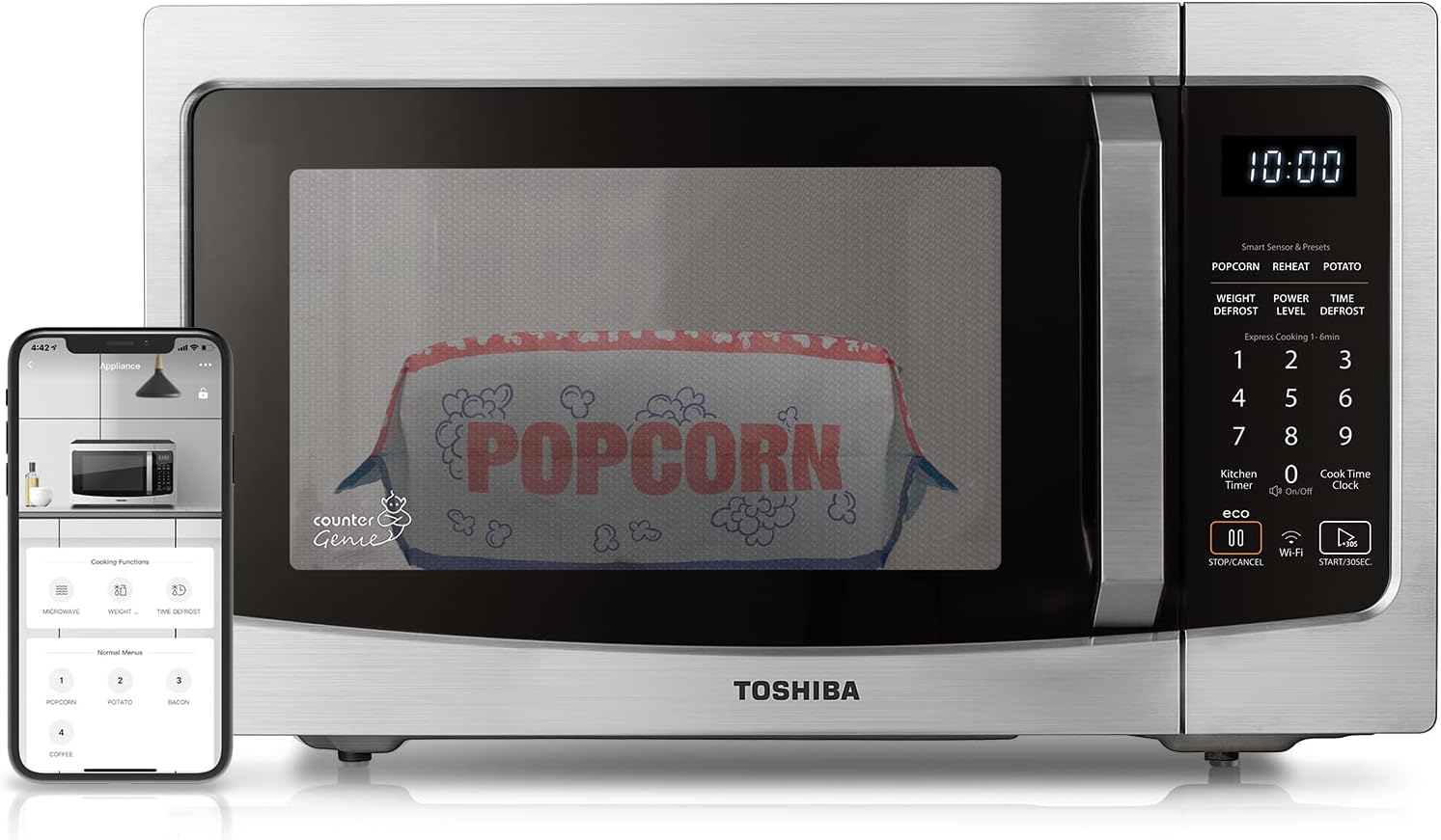 TOSHIBA 4-in-1 ML-EC42P(SS) Countertop Microwave Oven, Smart Sensor, Convection, Air Fryer Combo, Mute Function, Position Memory 13.6″ Turntable, 1.5 Cu Ft, 1000W, Silver