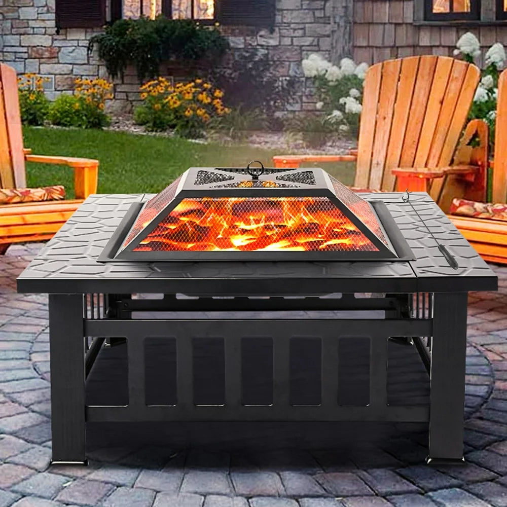Uhomepro 32″ Wood Burning Fire Pit Tables with Screen Lid, Poker, BBQ Net, Ice Tray, Food Clip and Cover