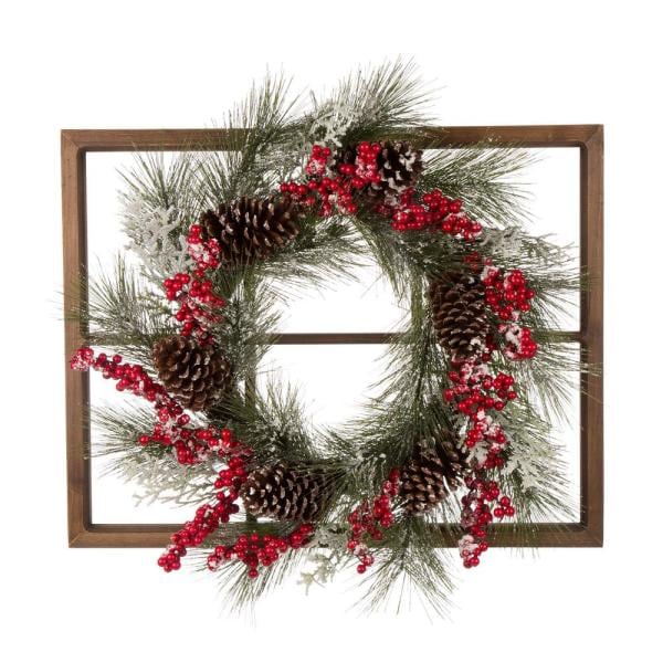 24 in. Unlit Flocked Pinecone and Berry Wreath with Wooden Window Frame