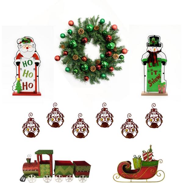 24 in. Artificial Christmas Wreath with Train, Sleigh, Gift Box, Lighted HO HO HO & Let it Snow and Bejeweled Ornaments