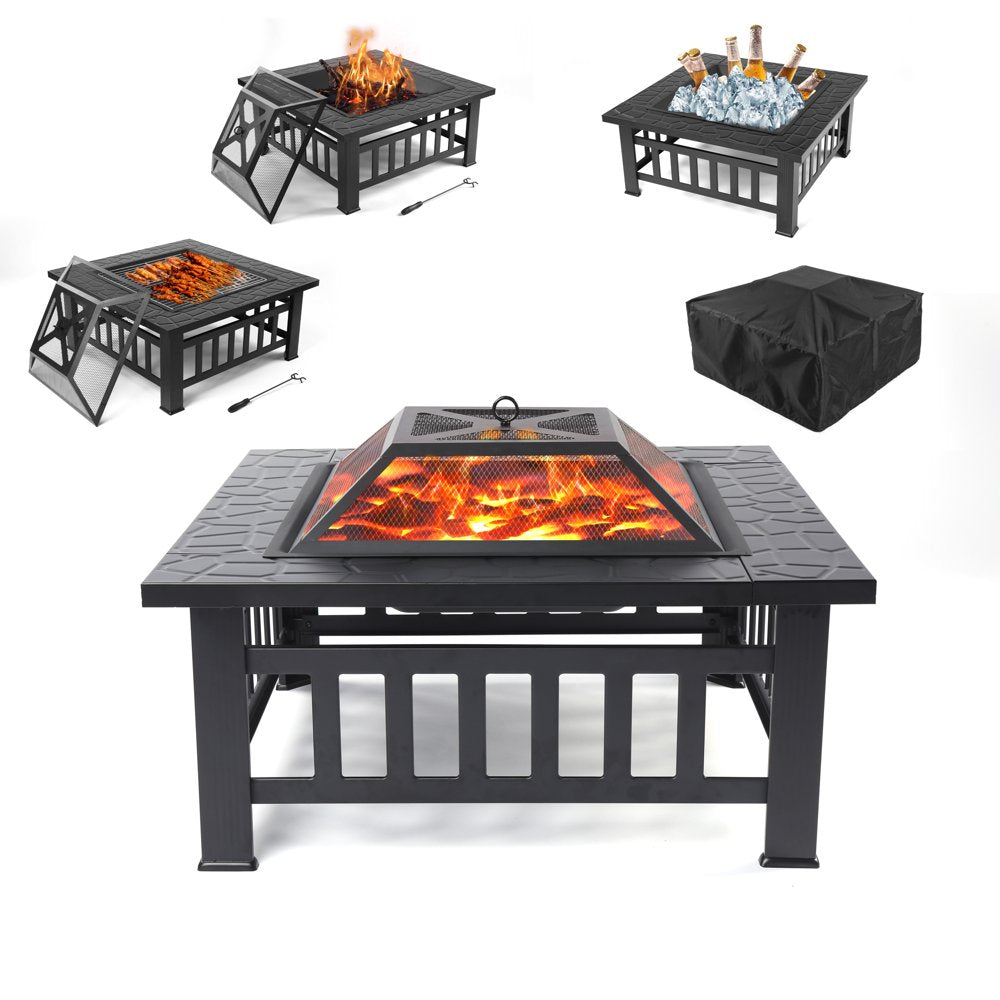 Uhomepro 32″ Wood Burning Fire Pit Tables with Screen Lid, Poker, BBQ Net, Ice Tray, Food Clip and Cover