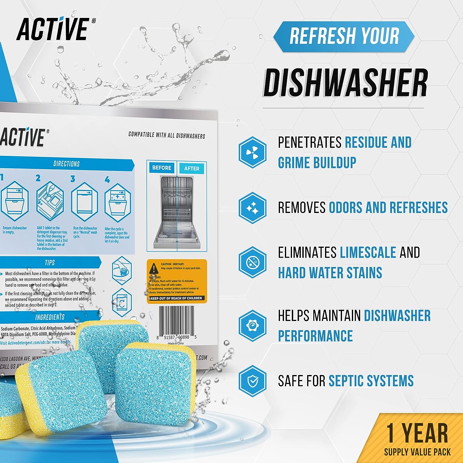 Washing Machine Dishwasher & Disposal Cleaning Tablets – Appliance Refresh Bundle Includes 12 Month Supply Dishwasher Cleaner Deodorizer, Washer Descaler, Disposer Freshener Deep Cleaning – 72 Tablets