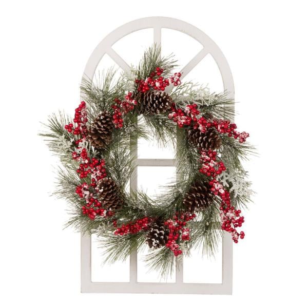 24 in. Dia Flocked Pinecone and Berry Wreath with Wooden Window Frame