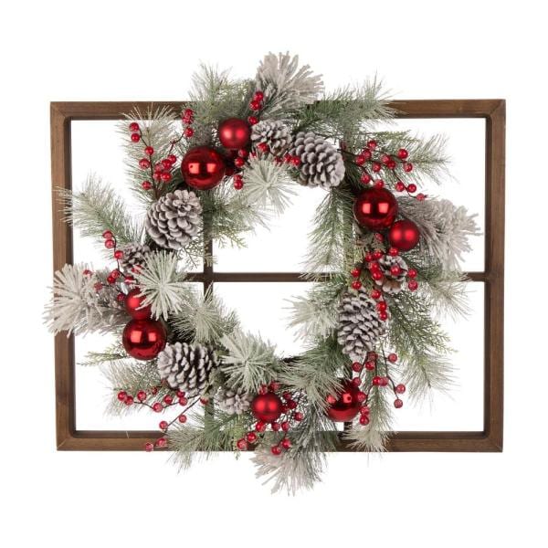 24 in. Unlit Flocked Pinecone and Ornament Wreath with Wooden Window Frame
