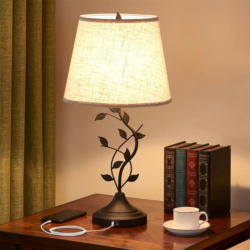 Traditional Tall Vintage Table Lamp USB Rechargeable Nightstand Light – 9.8″D x 9.8″W x 24.4″H