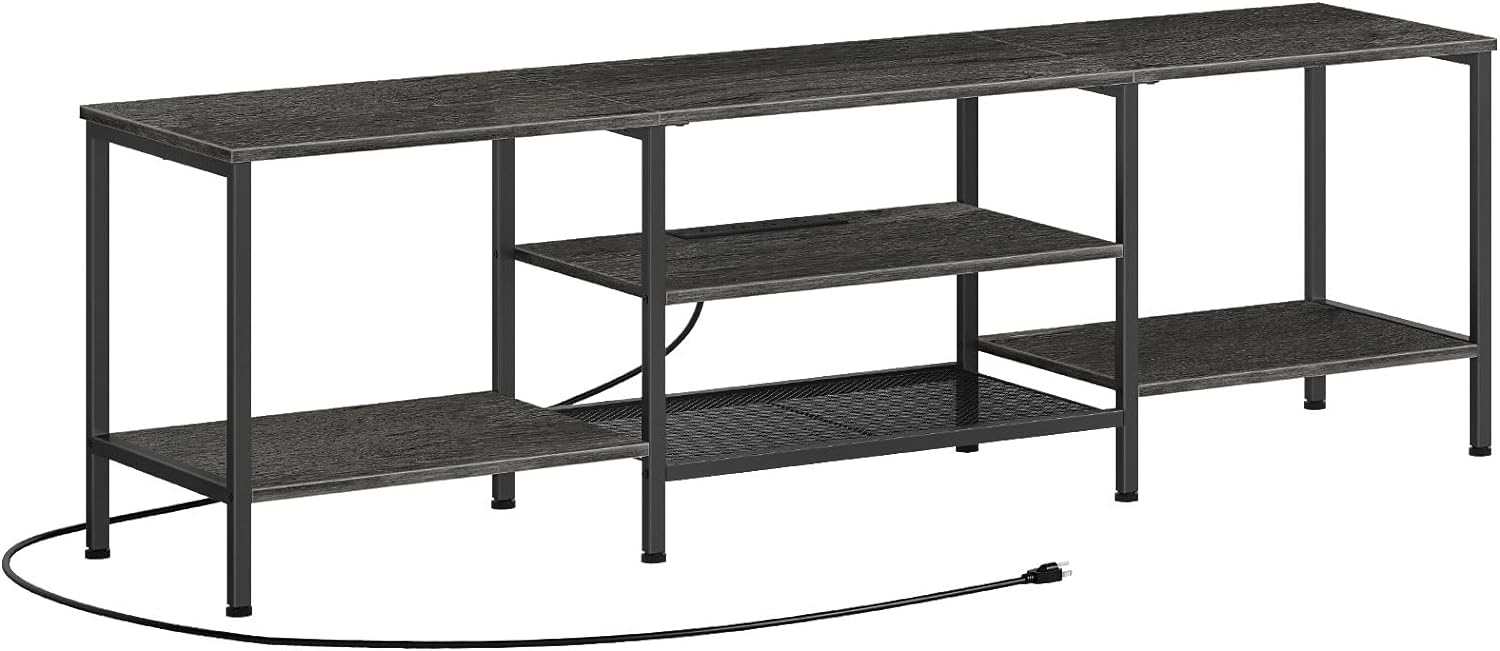 TV Stand with Power Outlets to 75 Inches, TV Console Table with Open Storage Shelves Cabinet, Industrial Media Entertainment Center for Living Room Bedroom, Rustic Brown and Black BF60DS01