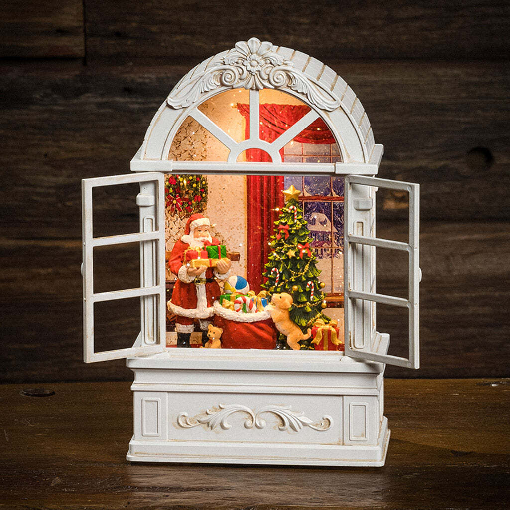 White Window with Santa Lighted Water Globe