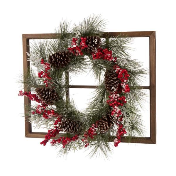 24 in. Unlit Flocked Pinecone and Berry Wreath with Wooden Window Frame