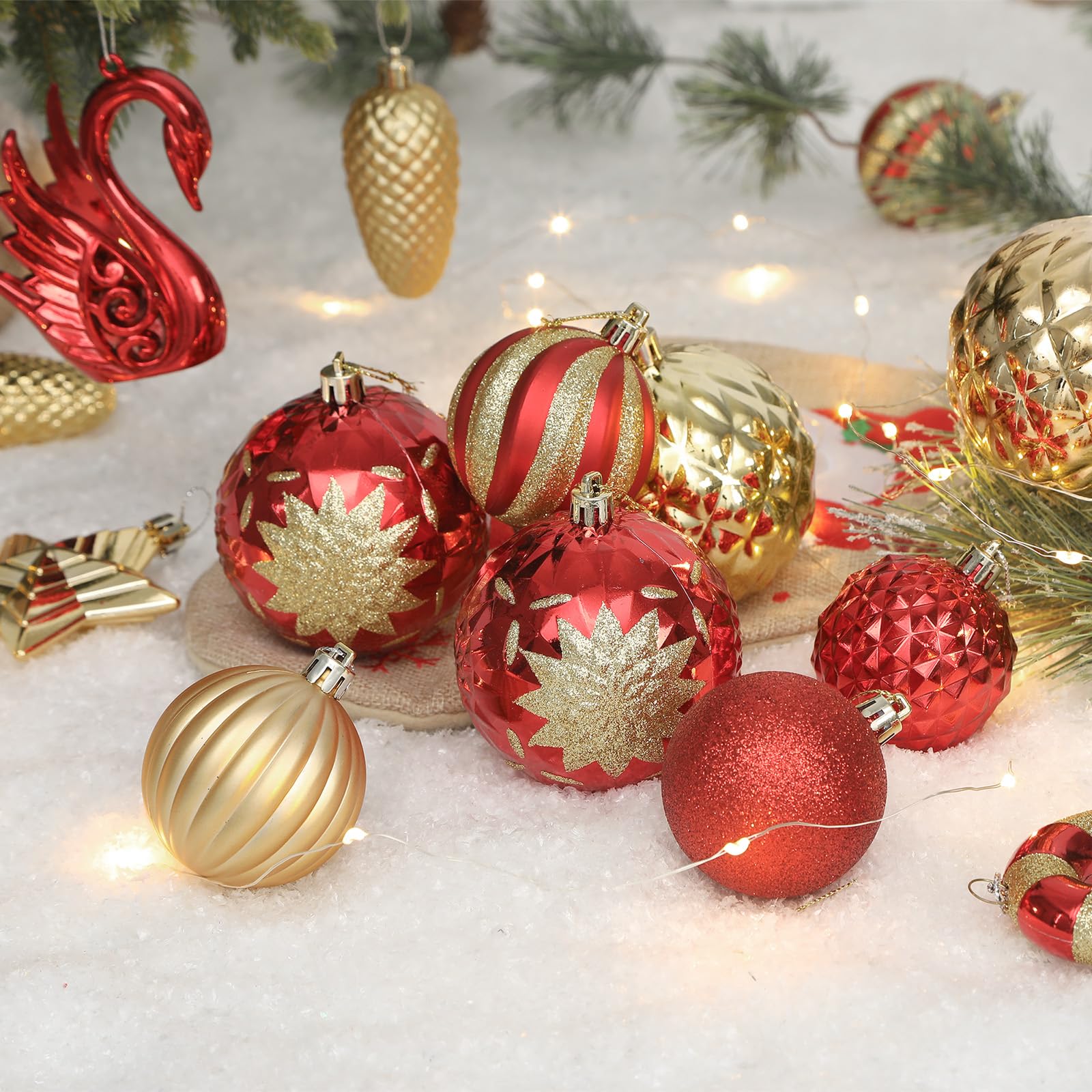 128pcs Red and Gold Shatterproof Plastic Baubles, Swans, Stars, Canes Christmas Balls Ornaments Set