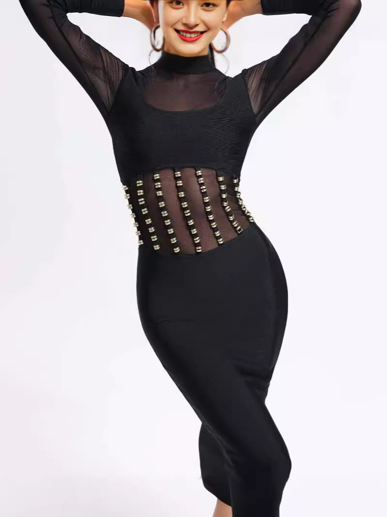 Robe Bandage Élégante à Manches Longues en Maille pour Femme – Coupe Moulante, Look Chic et Sexy