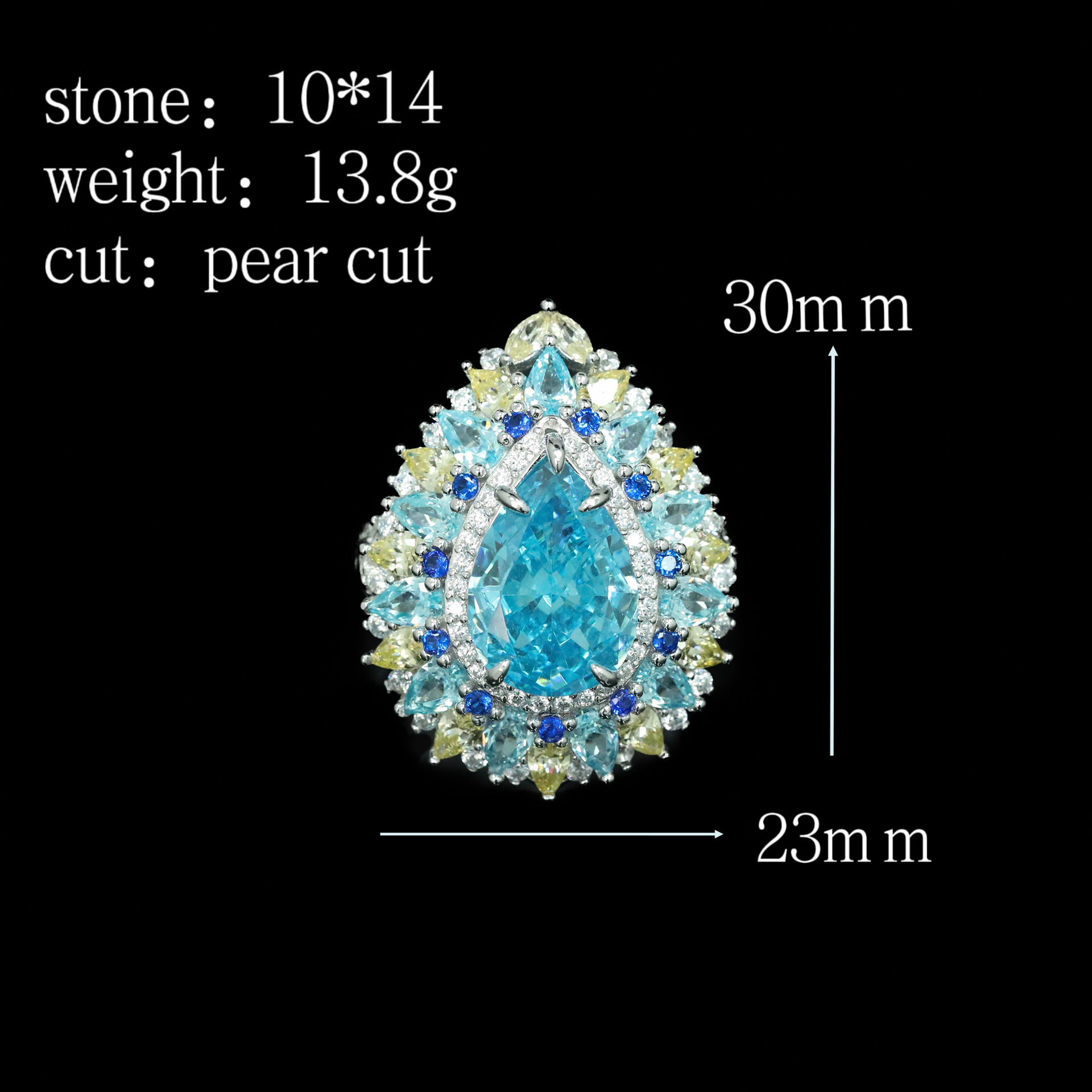 925 Silver Gold-Plated High Carbon Diamond Aquamarine Sea Cocktail Ring