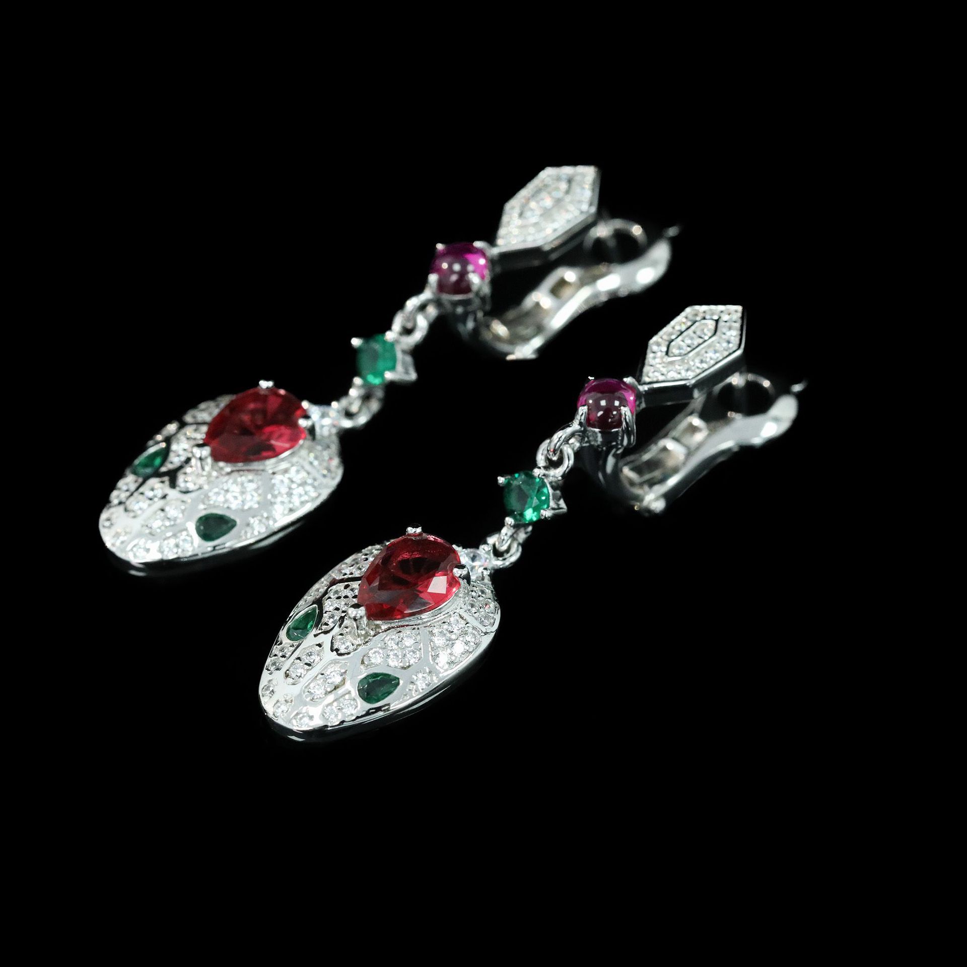 925 Silver Snake Earrings with Pigeon Blood Red High Carbon Diamond Accents