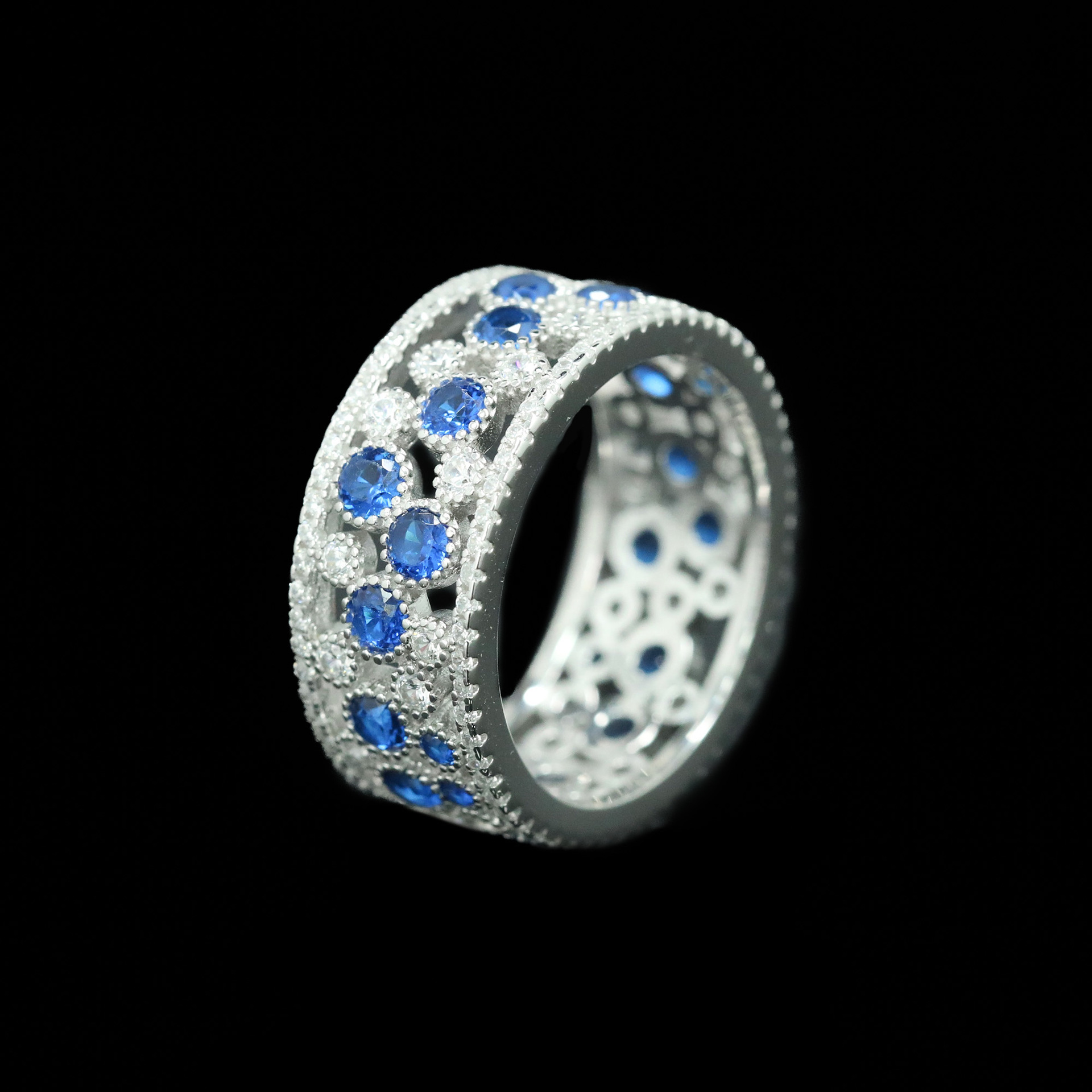 925 Silver Gold-Plated High Carbon Diamond GRC Cultured Cobalt Spinel Peacock Blue Ring