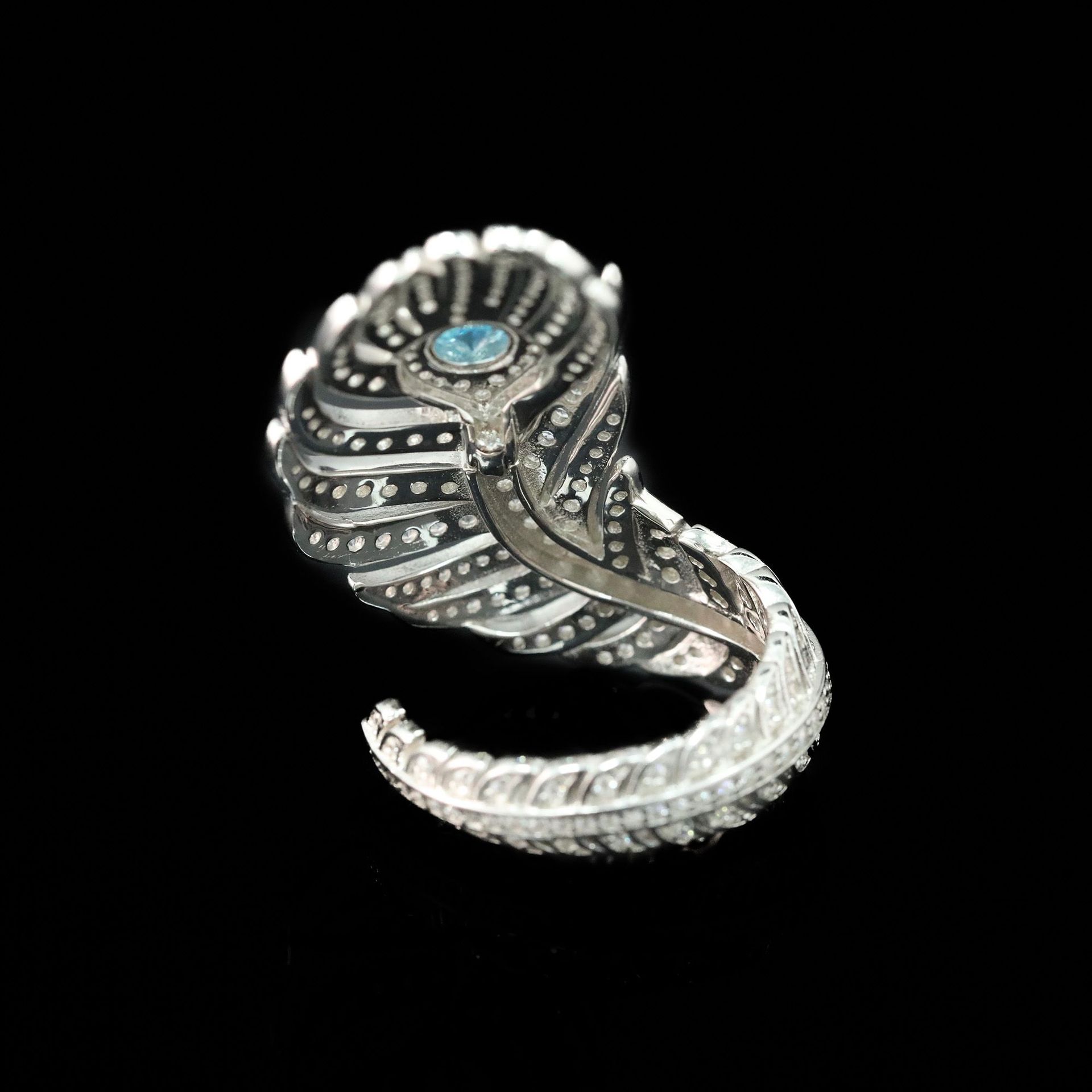 925 Silver Gold-Plated High Carbon Diamond Aquamarine Feather Ring