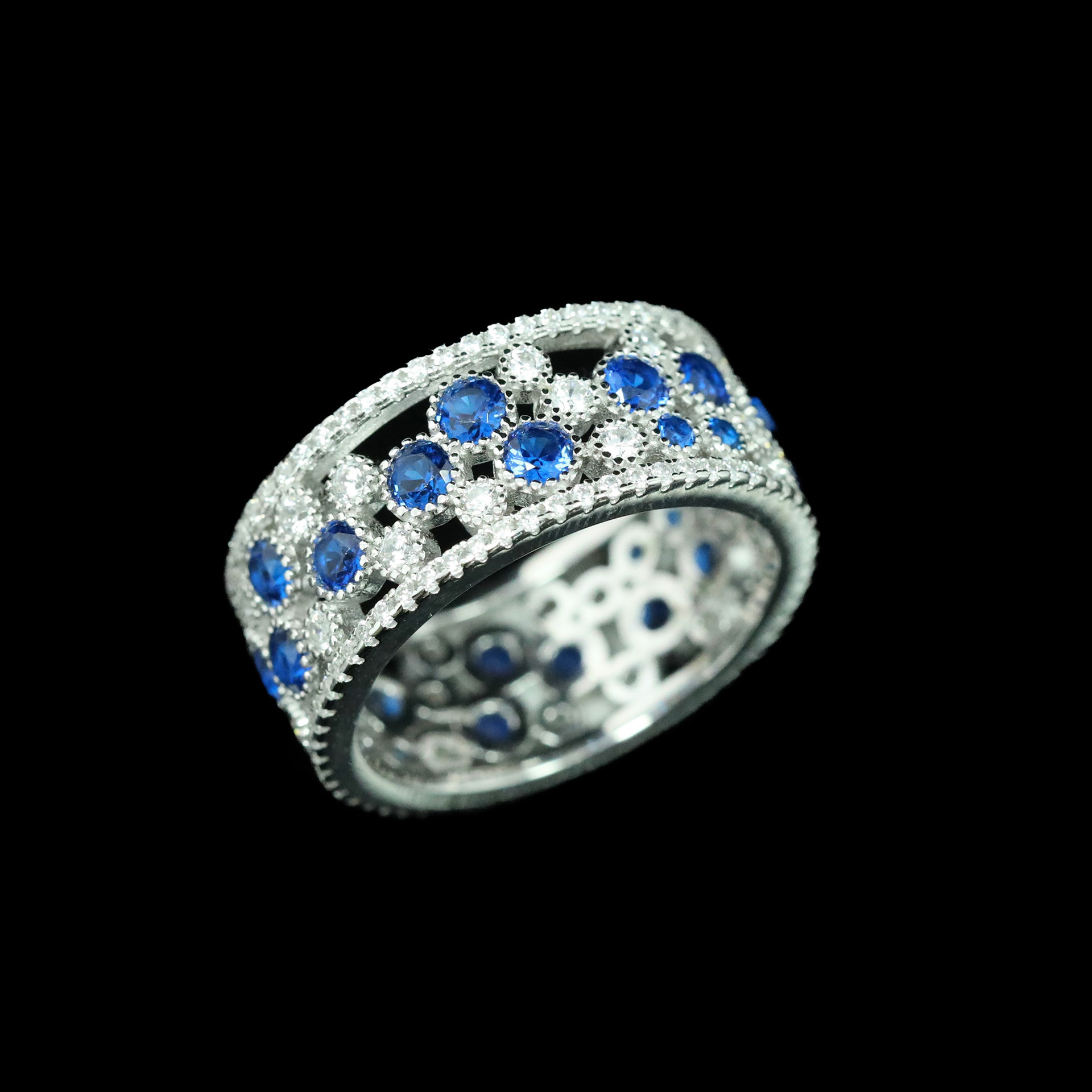 925 Silver Gold-Plated High Carbon Diamond GRC Cultured Cobalt Spinel Peacock Blue Ring