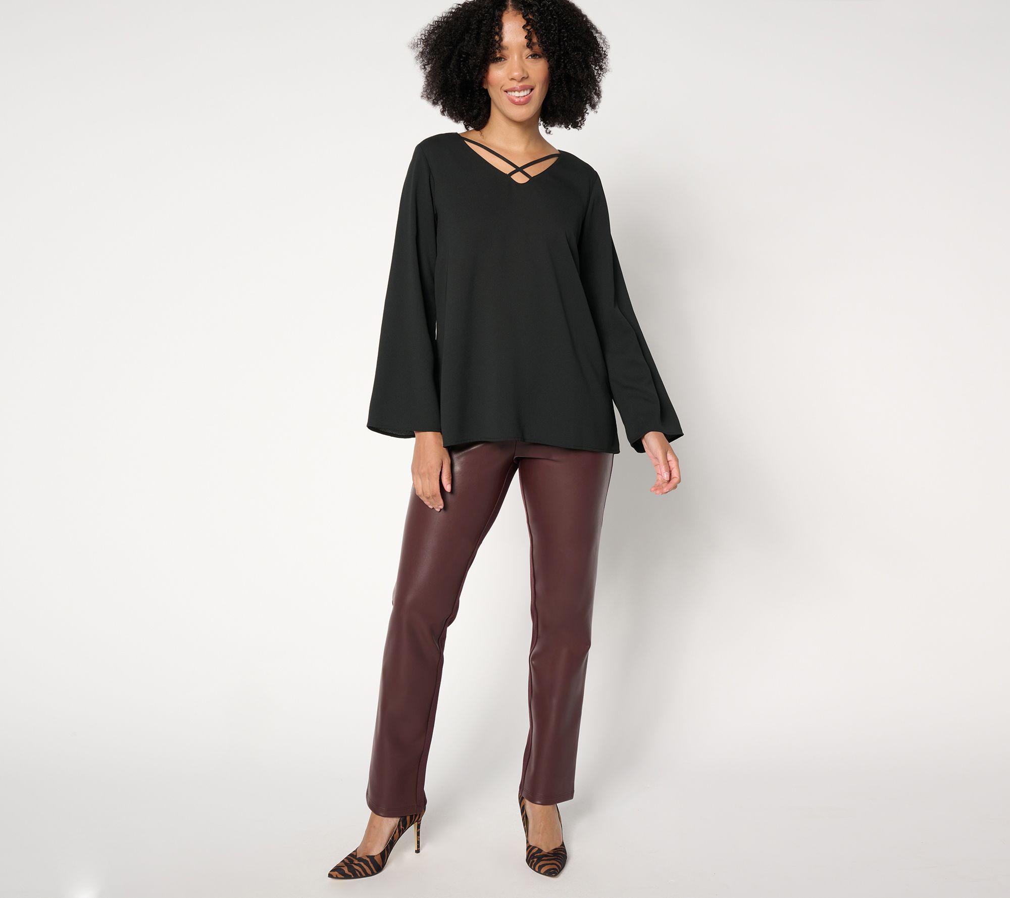Belle by Kim Gravel Petite Faux Leather Front, Ponte Back Pant