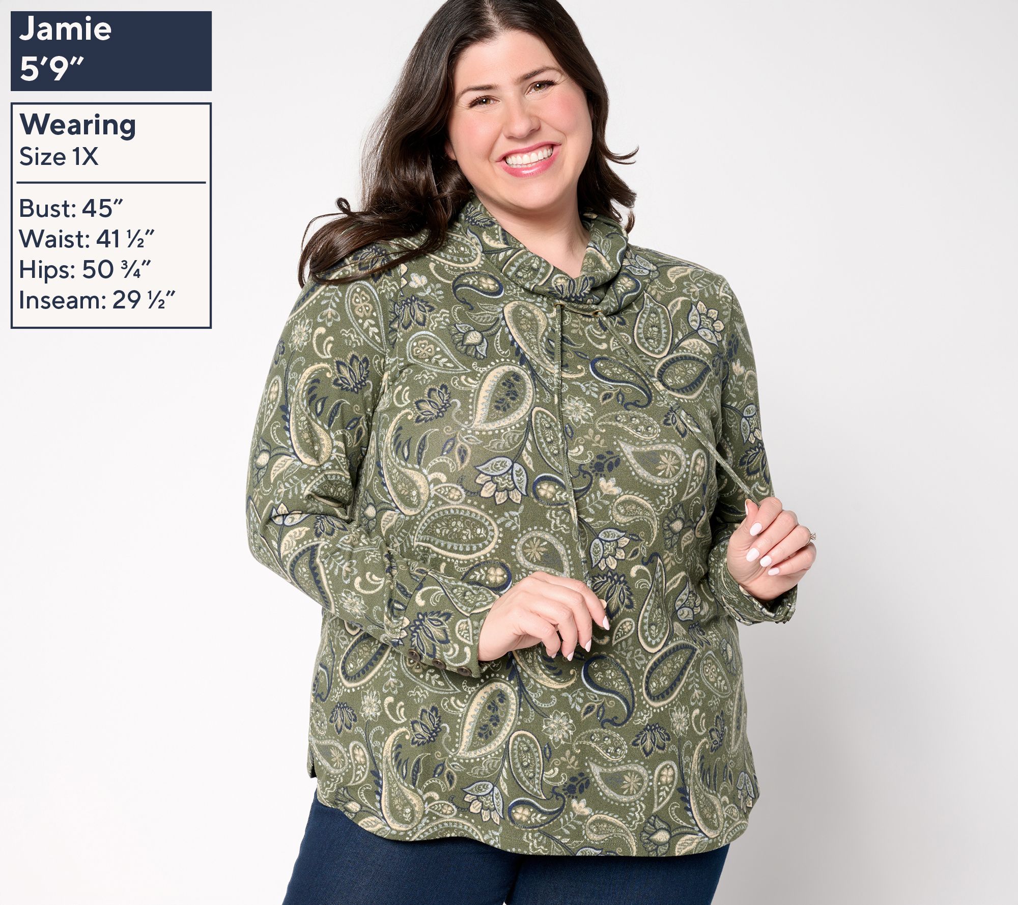 Denim & Co. Heavenly Jersey Funnel Neck Printed Top w/ Cuff Detail