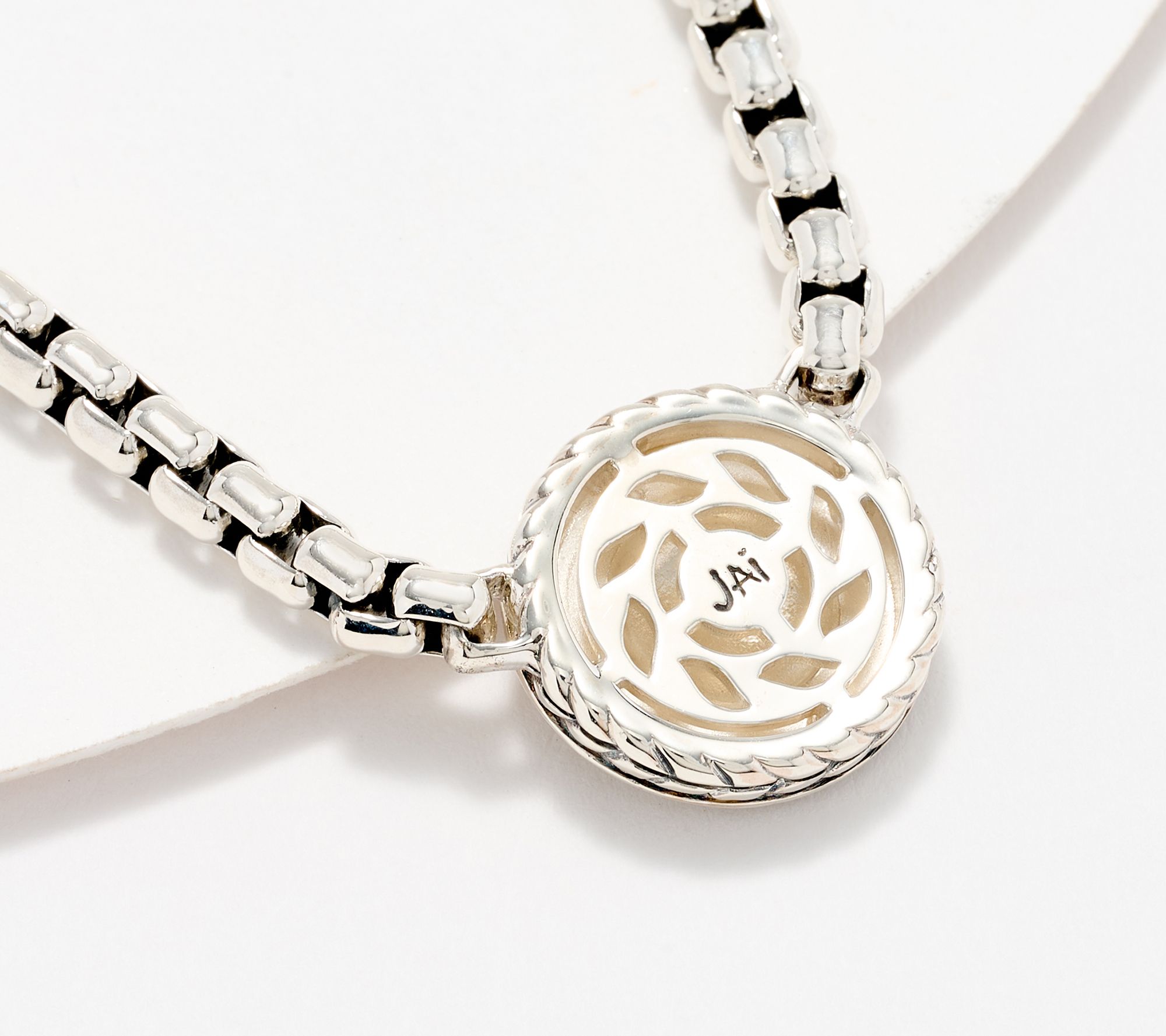 JAI Sterling Silver Hammered Disk & Diamond Box Chain Necklace