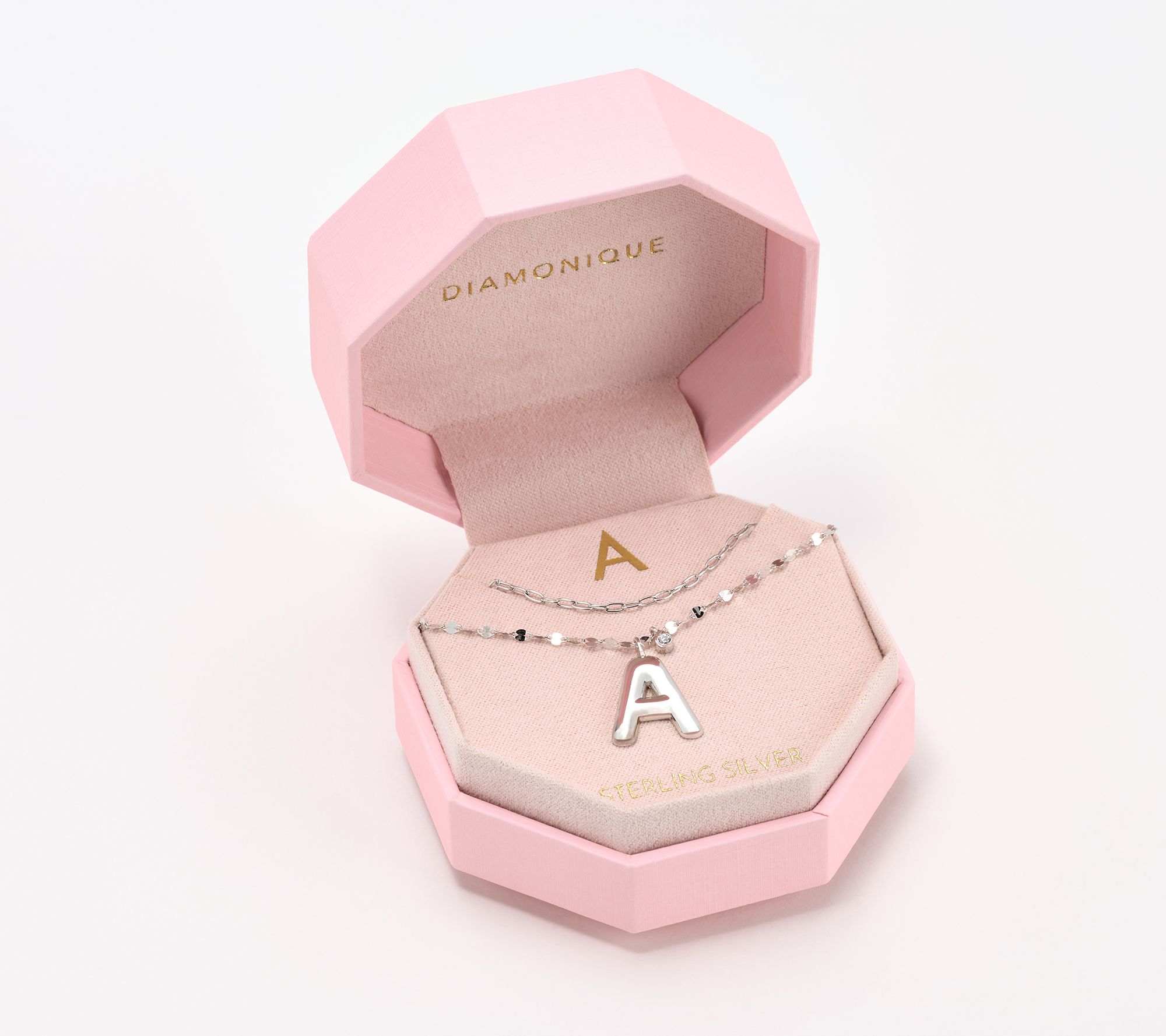 Diamonique Boxed Layered Chain Initial Necklace, Sterling Silver