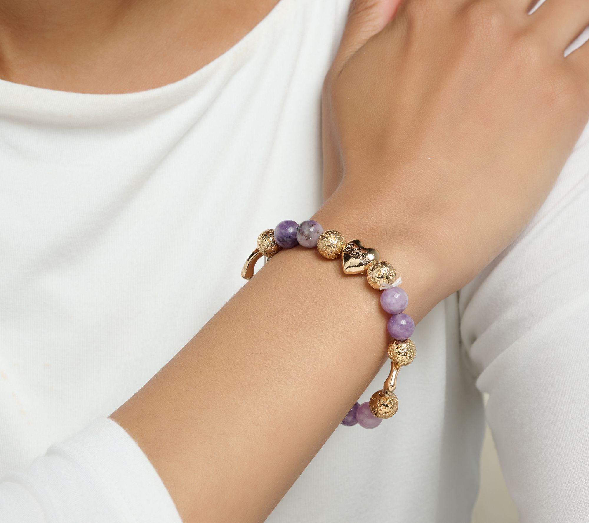 Zorbitz Set of 2 Lava & Gemstone Bead Heart Charm Bracelets