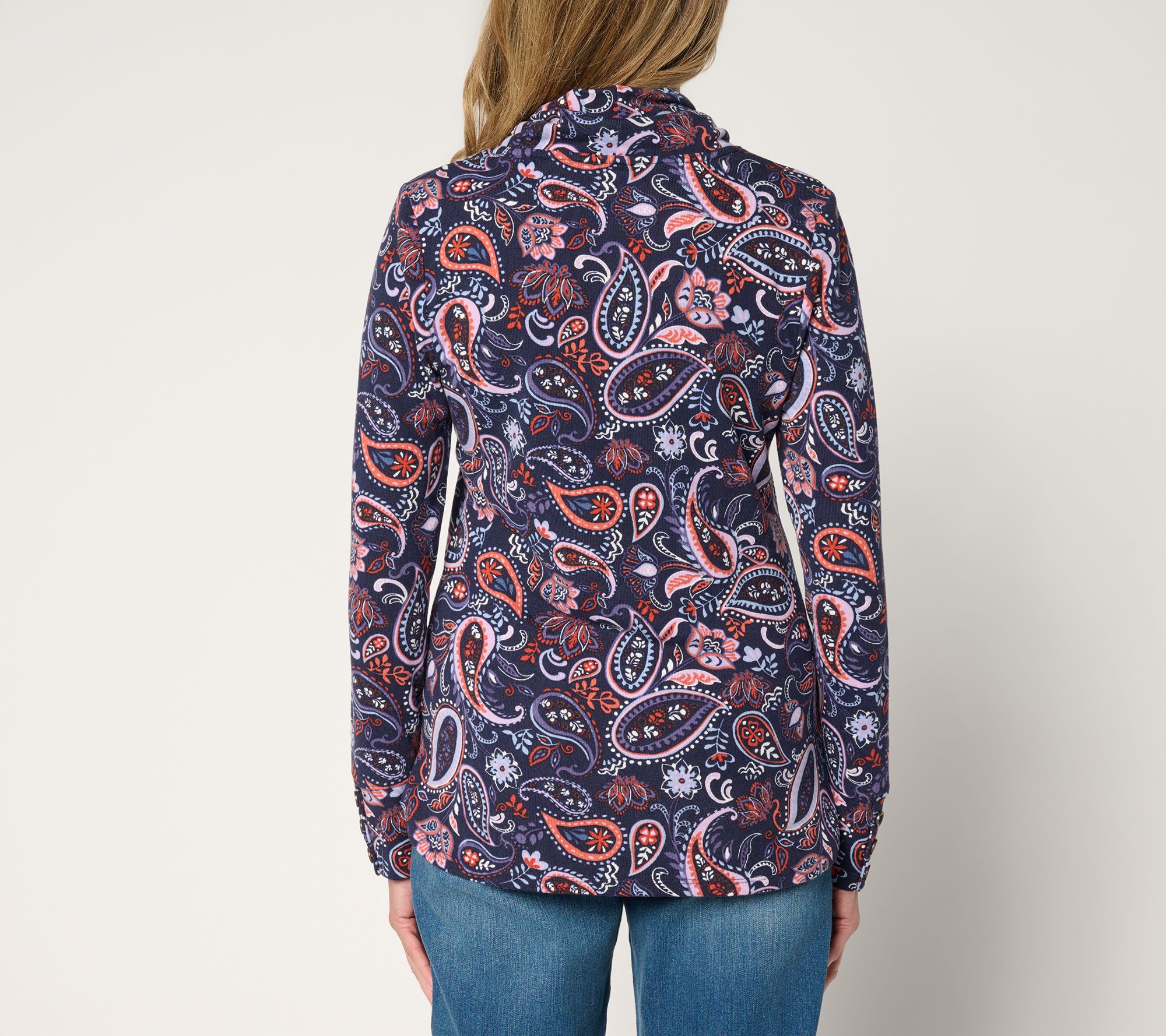 Denim & Co. Heavenly Jersey Funnel Neck Printed Top w/ Cuff Detail