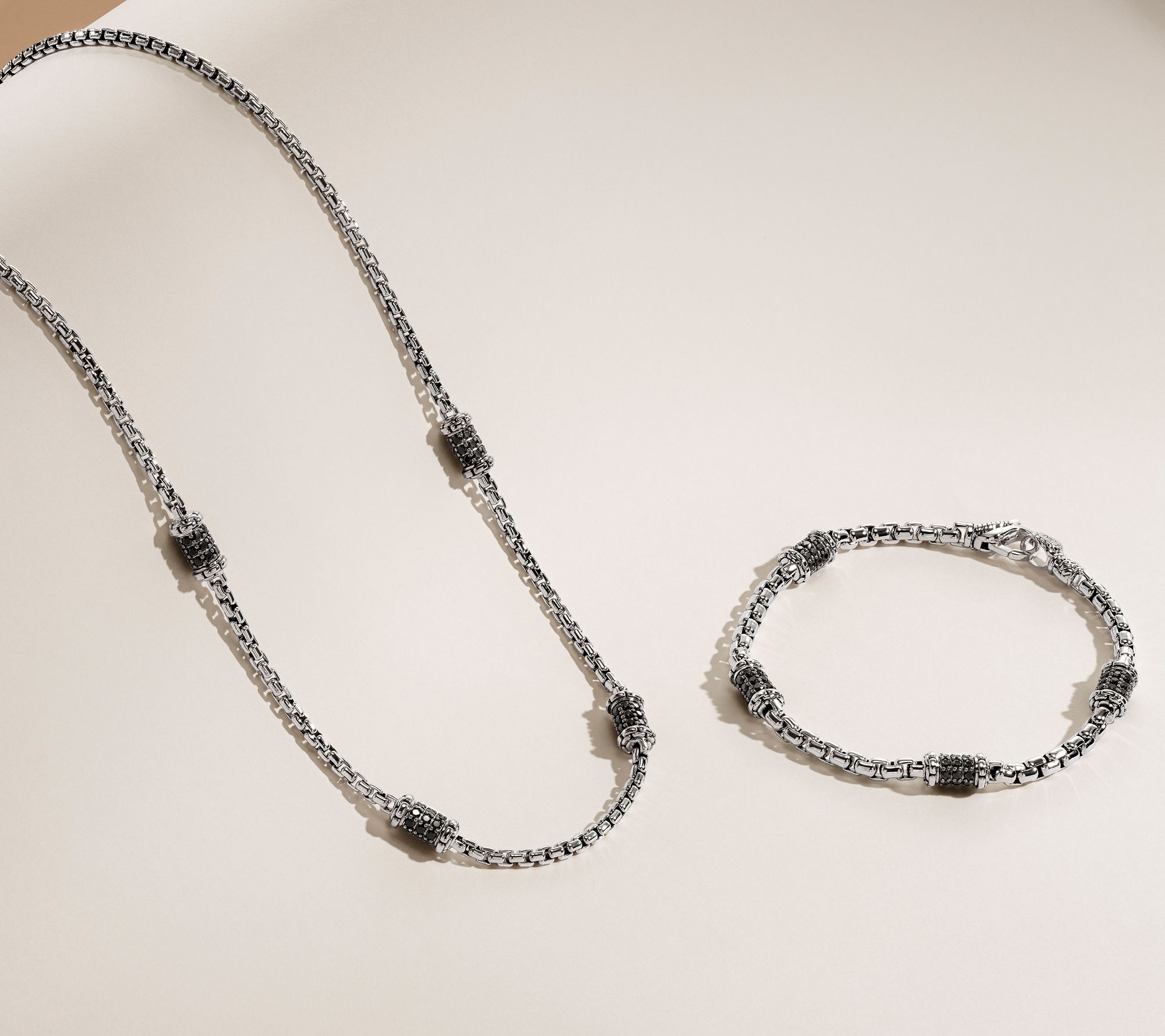 JAI Sterling Silver Pave Station 3.7mm Box Chain Bracelet, 13.0g