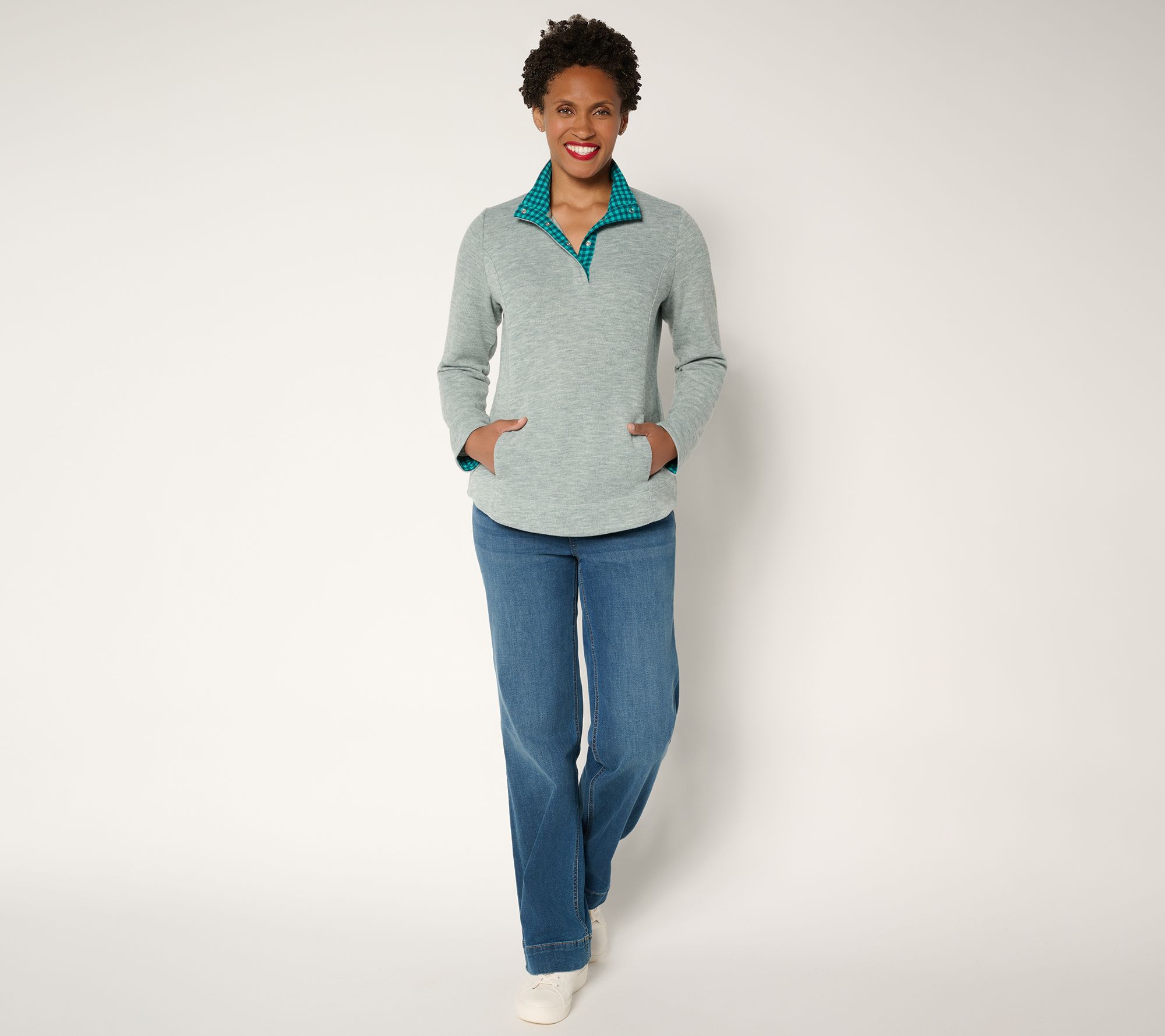 Denim & Co. Flat Back Rib Snap Henley Top with Contrast Print