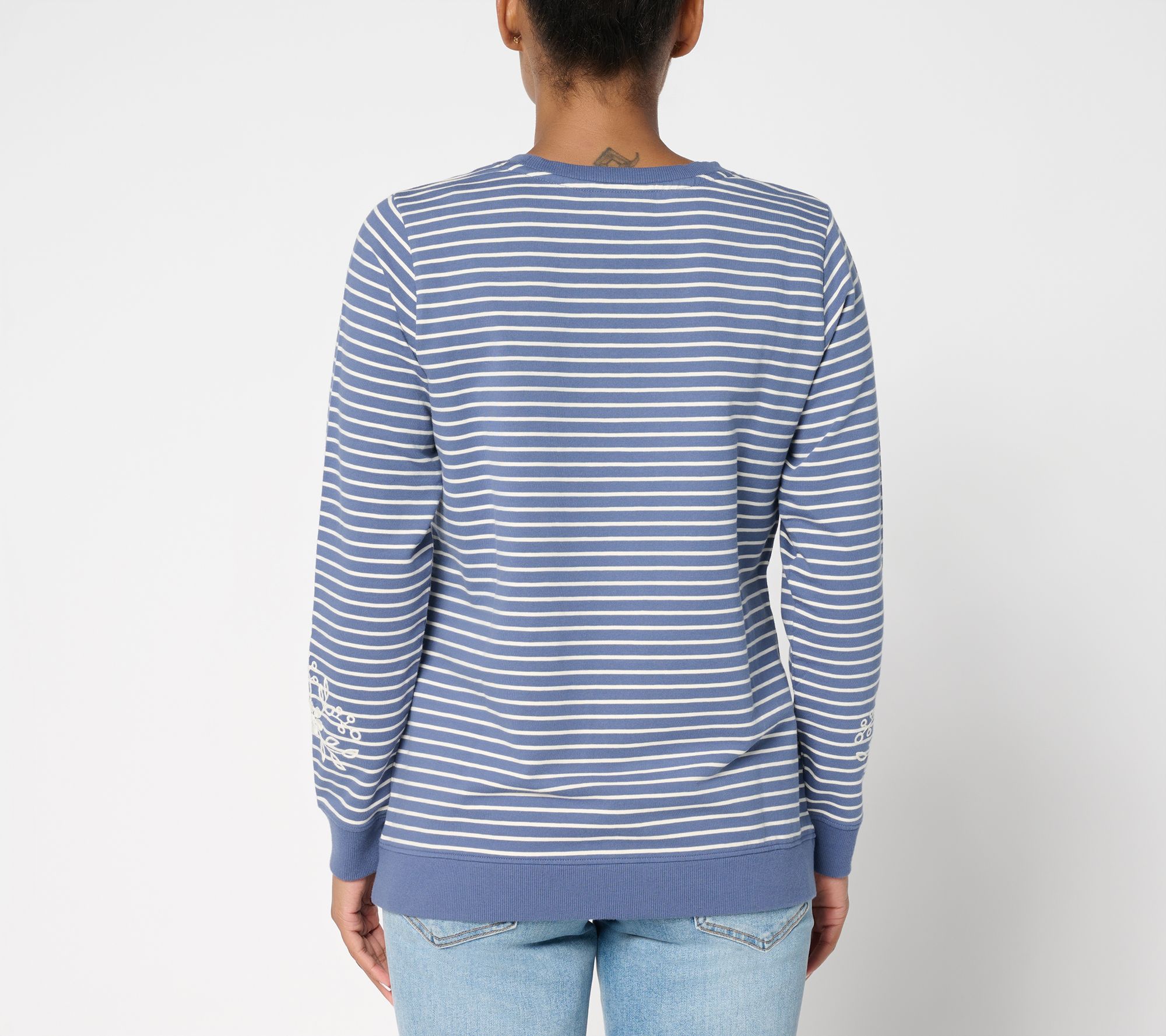 Denim & Co. Yarn Dye Stripe French Terry Pullover with Embroidery